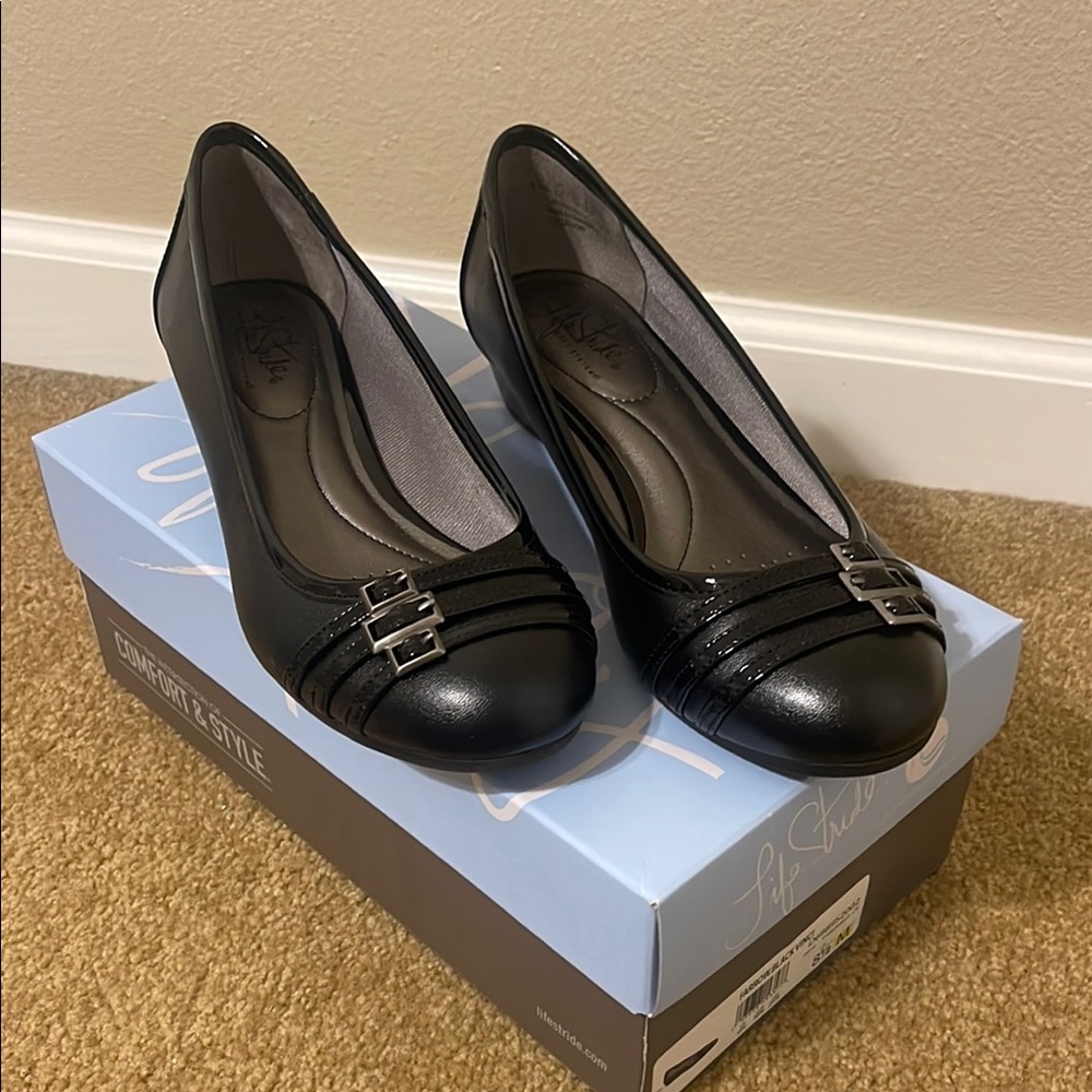 Life Stride Black Wedge with Decorative Hardware